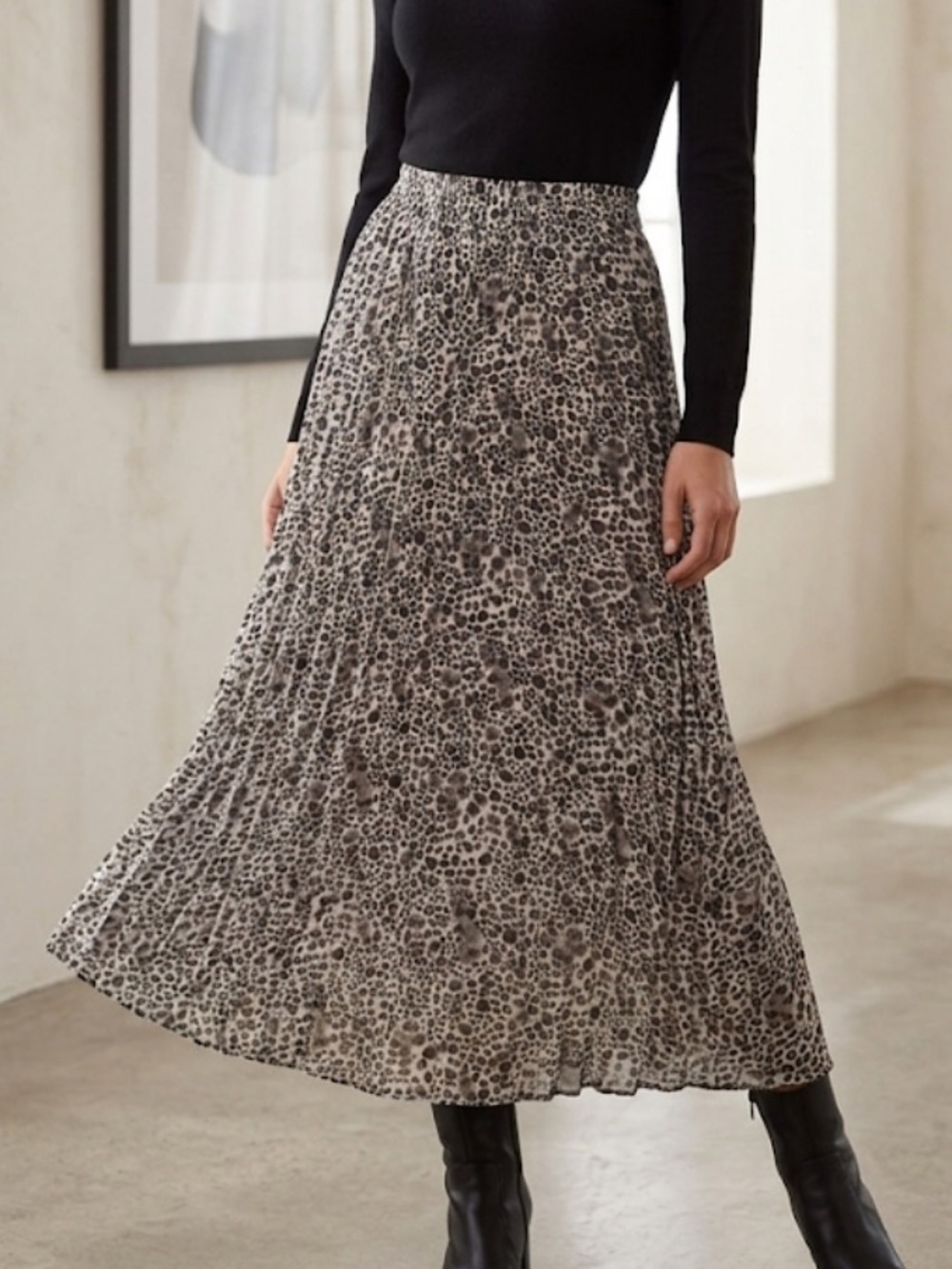Leopard Print Pleated Midi Skirt Elastic Waist Animal Pattern Women's Size S